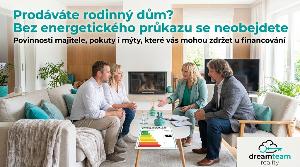 Prodáváte rodinný dům? Bez energetického průkazu se neobejdete Obývací pokoj rodinného domu s krbem, na stole leží dokument s energetickým průkazem budovy